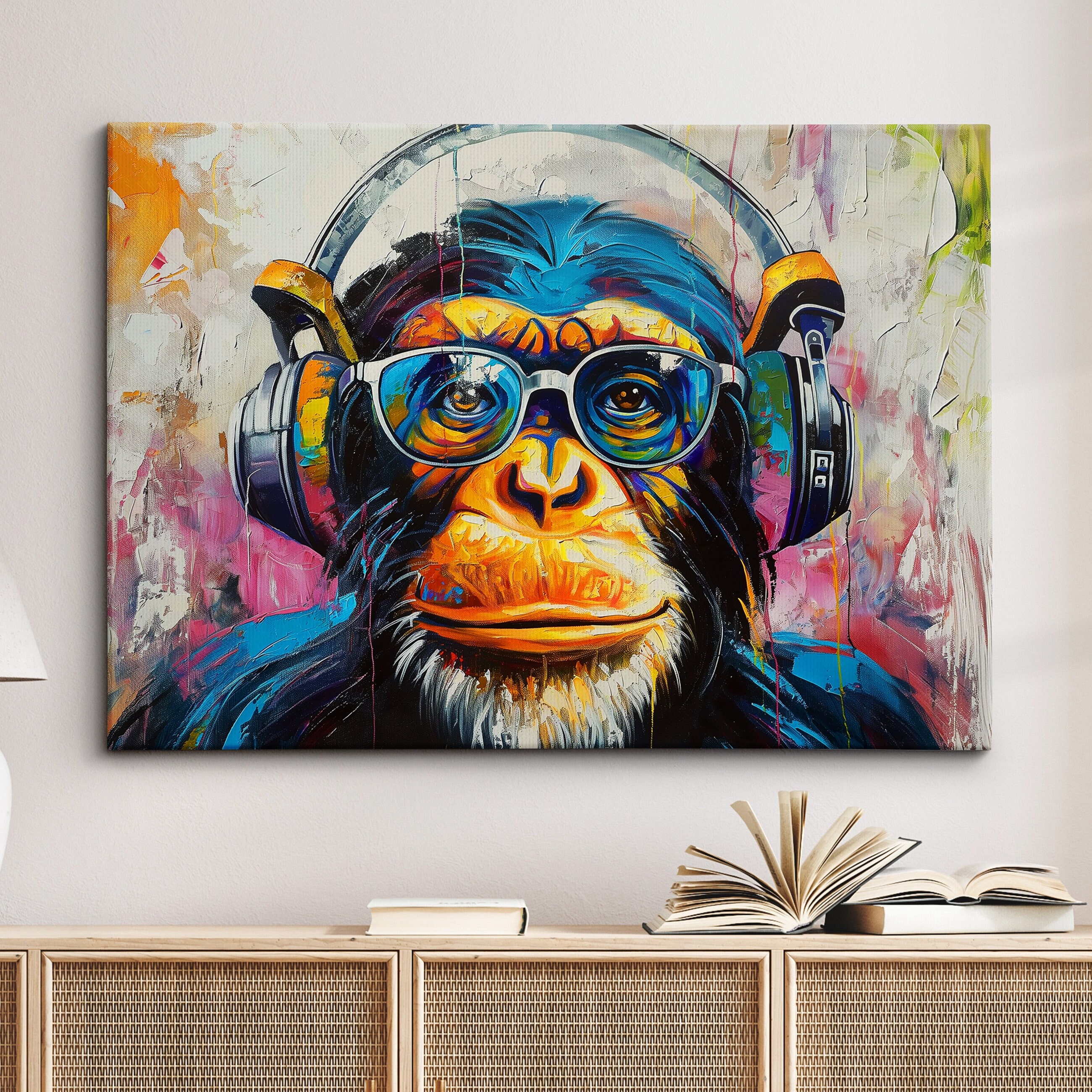 Monkey DJ Headphones Abstract Modern Painting Wall Art, Framed