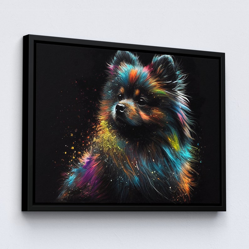May include: A colorful painting of a fluffy dog with a black background. The dog is painted in shades of blue, green, yellow, orange, and purple.