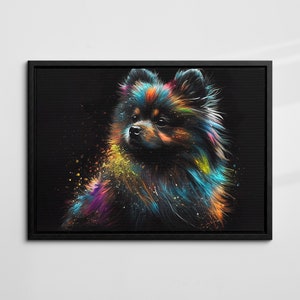 May include: A colorful painting of a fluffy dog with a black background. The dog's fur is painted in shades of blue, green, yellow, orange, and purple. The dog's eyes are black and its nose is brown.