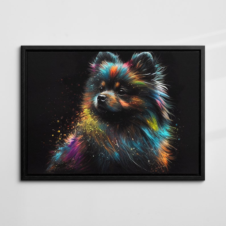 May include: A colorful painting of a fluffy dog with a black background. The dog's fur is painted in shades of blue, green, yellow, orange, and purple. The dog's eyes are black and its nose is brown.