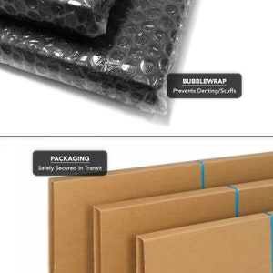 May include: A brown cardboard box with blue tape is inside a larger brown cardboard box. The boxes are stacked on top of each other. The smaller box is wrapped in bubble wrap to prevent denting or scuffs. The text "BUBBLEWRAP Prevents Denting/Scuffs" is printed on a white label. The text "PACKAGING Safely Secured In Transit" is printed on a white label.