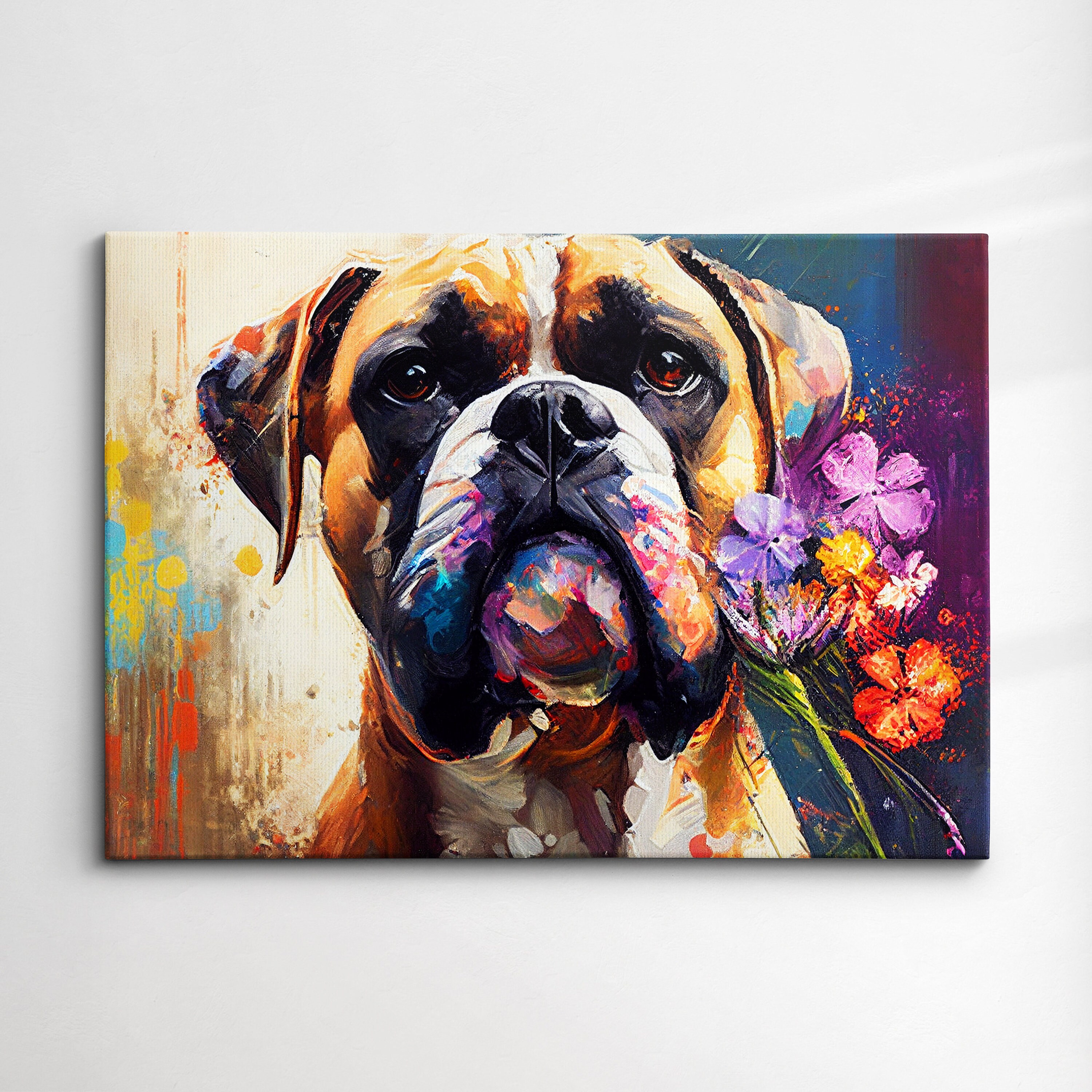 Boxer With Flowers Dog Pet Abstract Modern Oil Painting Wall Art