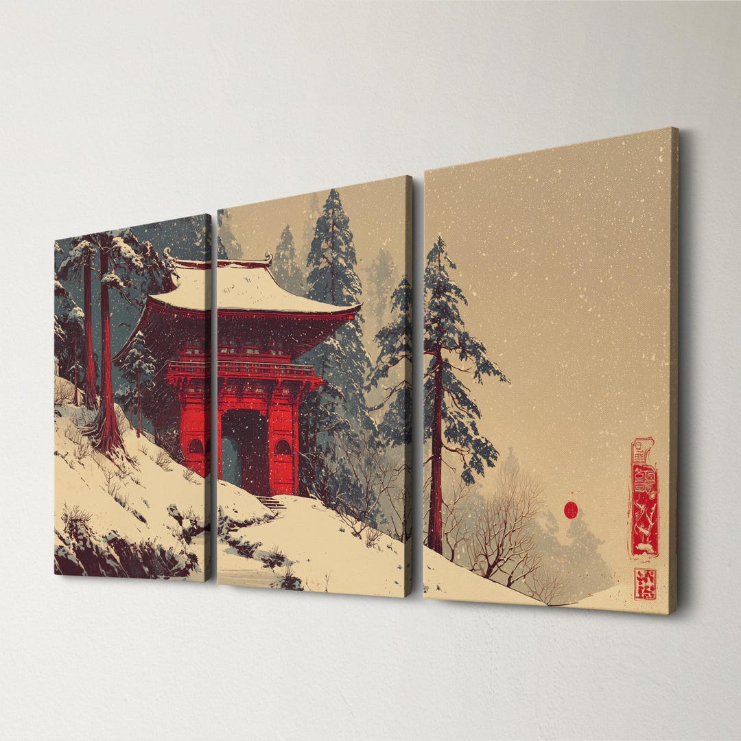 Japanese Temple Wall Art Set, Snowy Landscape Canvas Prints, Nature ...