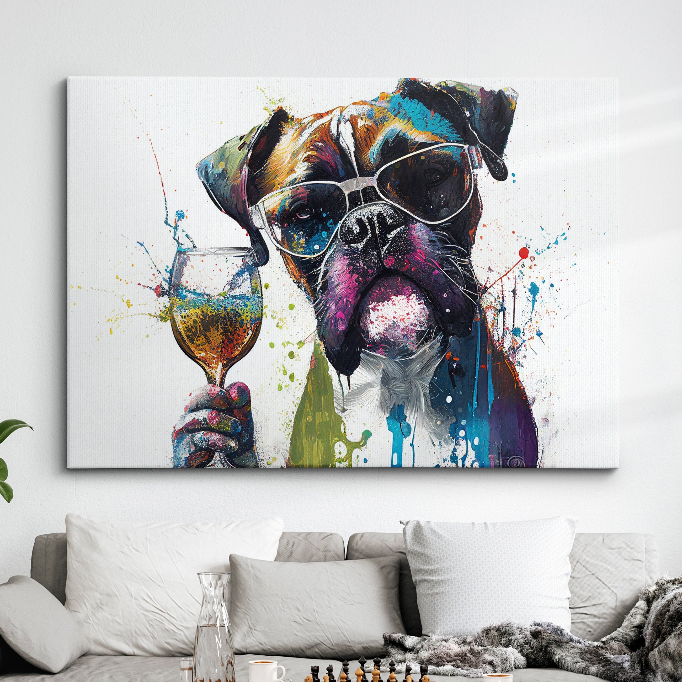 Boxer With Wine Glass Dog Pet Abstract Modern Painting Wall Art