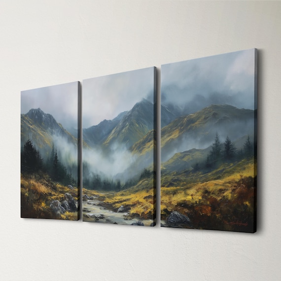 Scottish Highlands 3 Panel Split Canvas Wall Art  Scotland Misty Mountains  Romantic Landscape Oil Painting Framed Canvas Home Decor