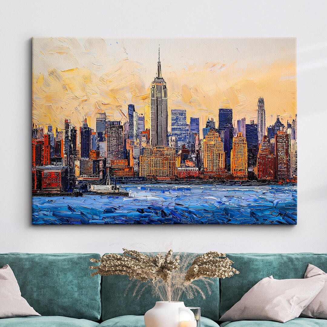 New York City Skyline Empire State Landmark Oil Painting Style Wall Art ...