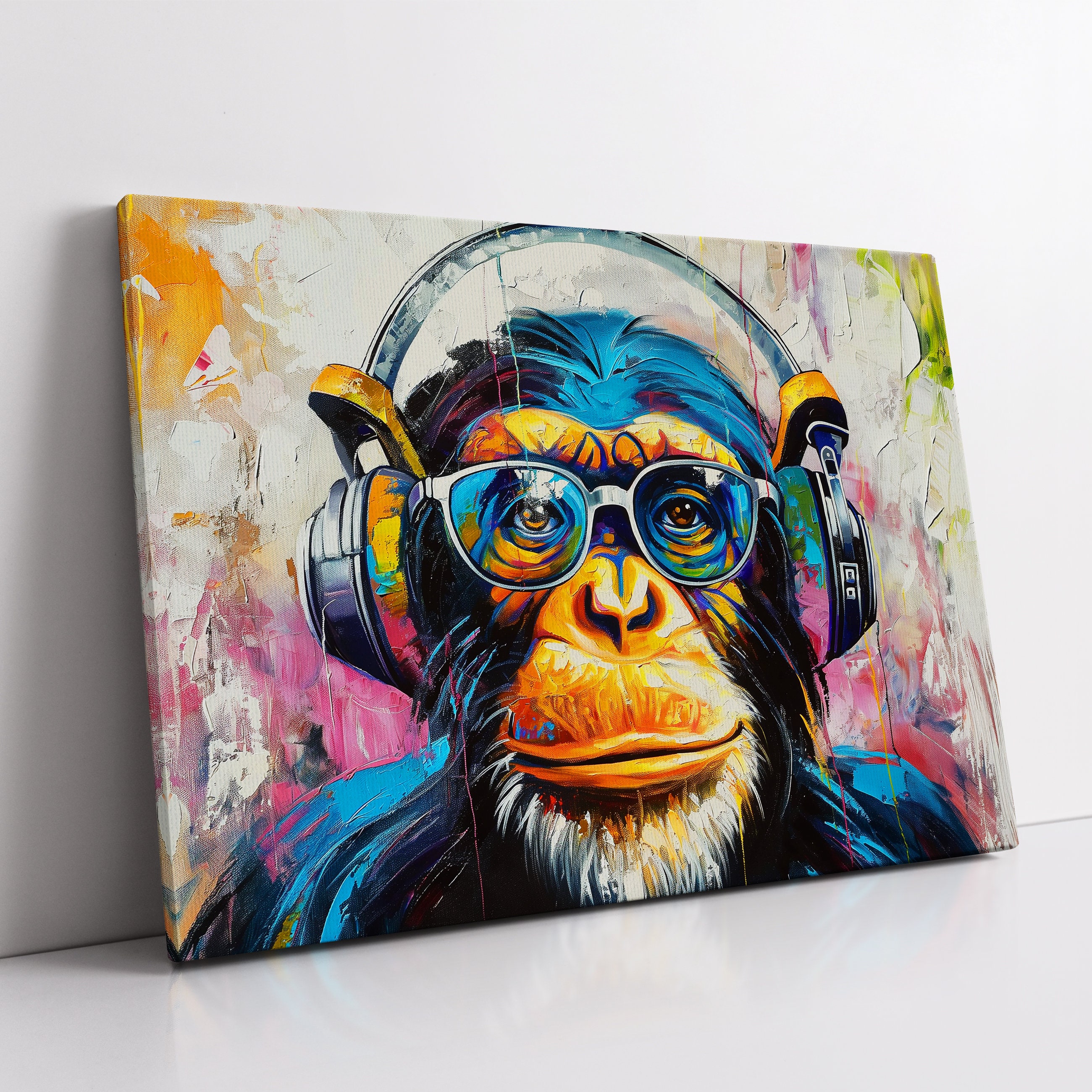Monkey DJ Headphones Abstract Modern Painting Wall Art, Framed