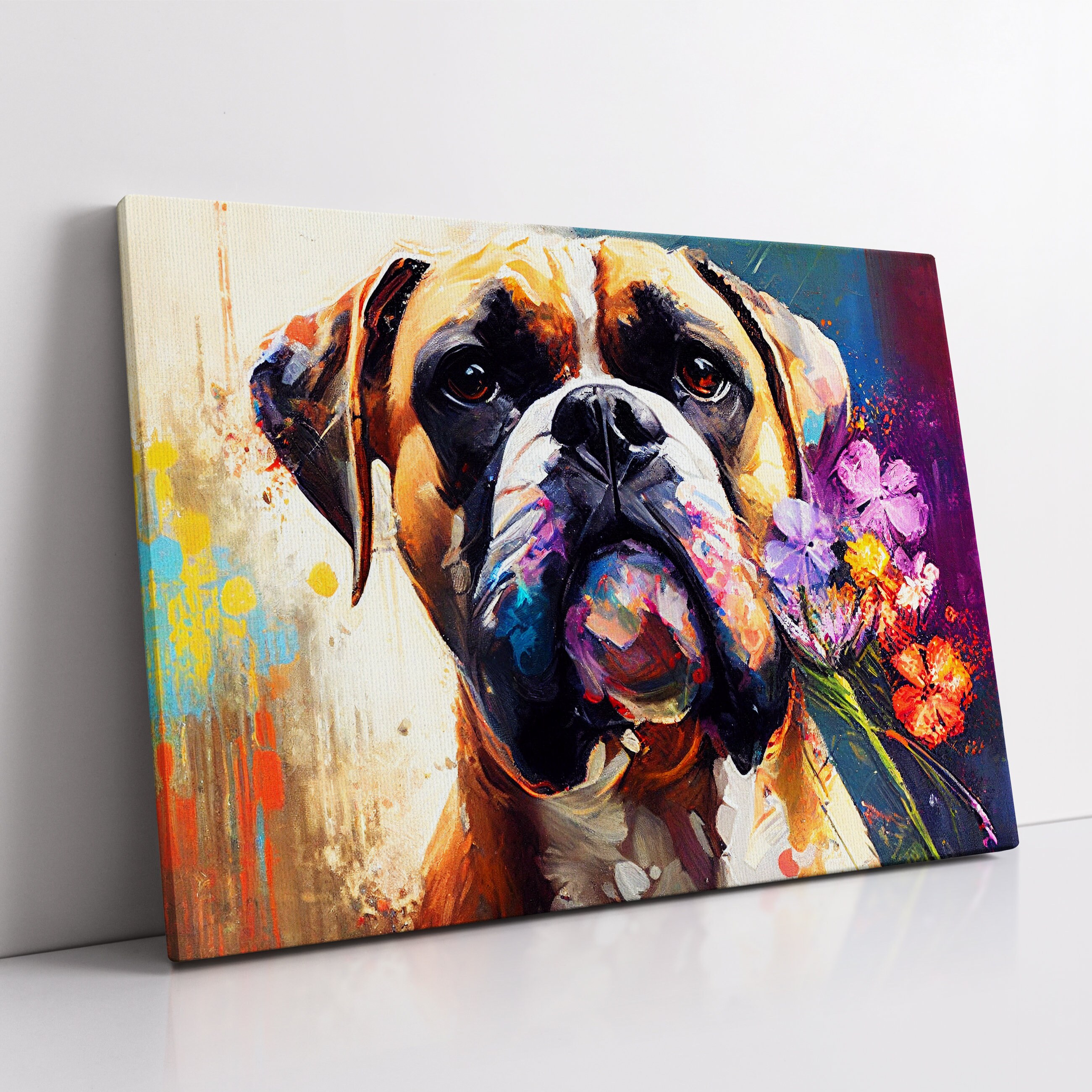 Boxer With Flowers Dog Pet Abstract Modern Oil Painting Wall Art