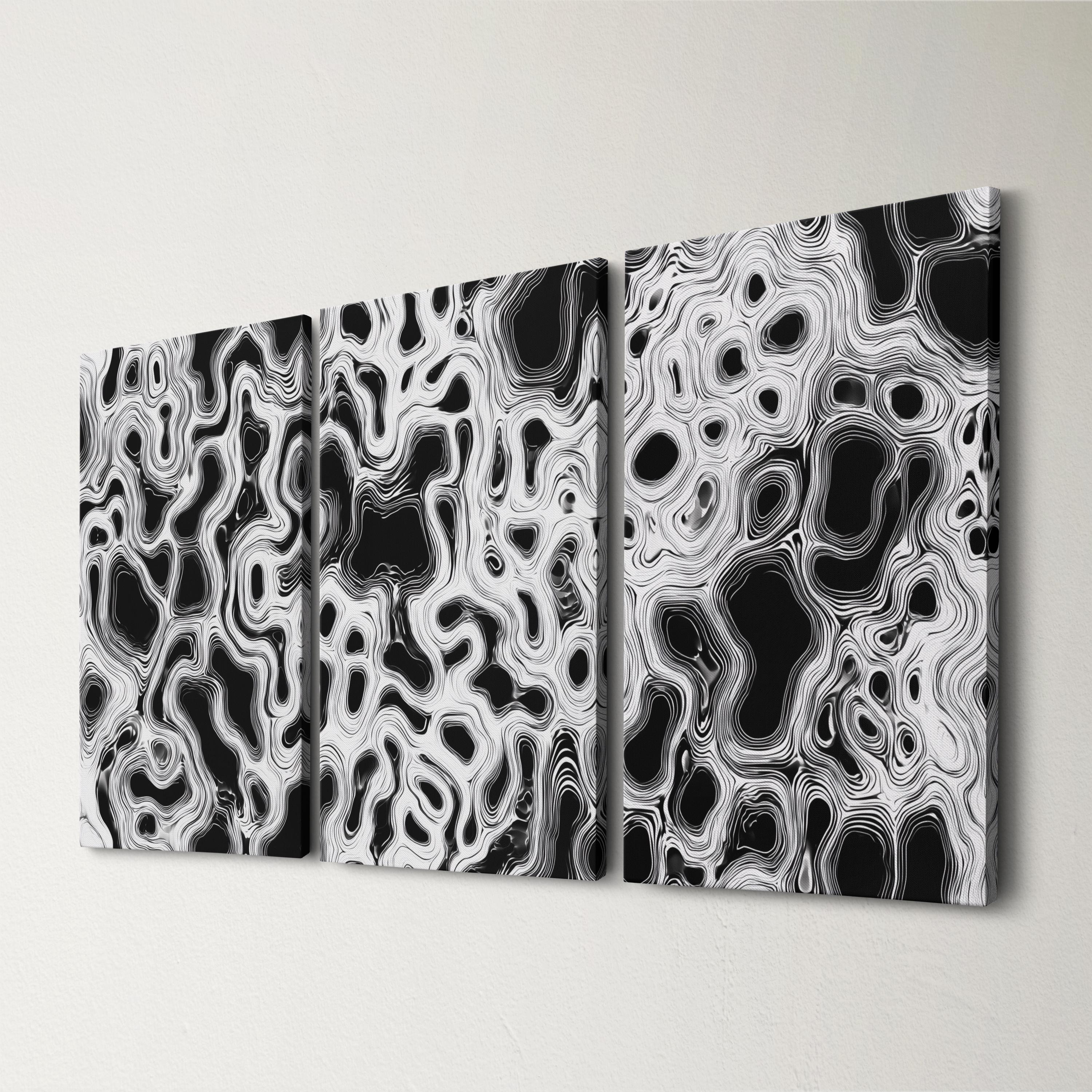 黒木周　版画　Laternal Strips Circle White and Black Abstract Wall Art Set of 3 Panels, Modern Triptych