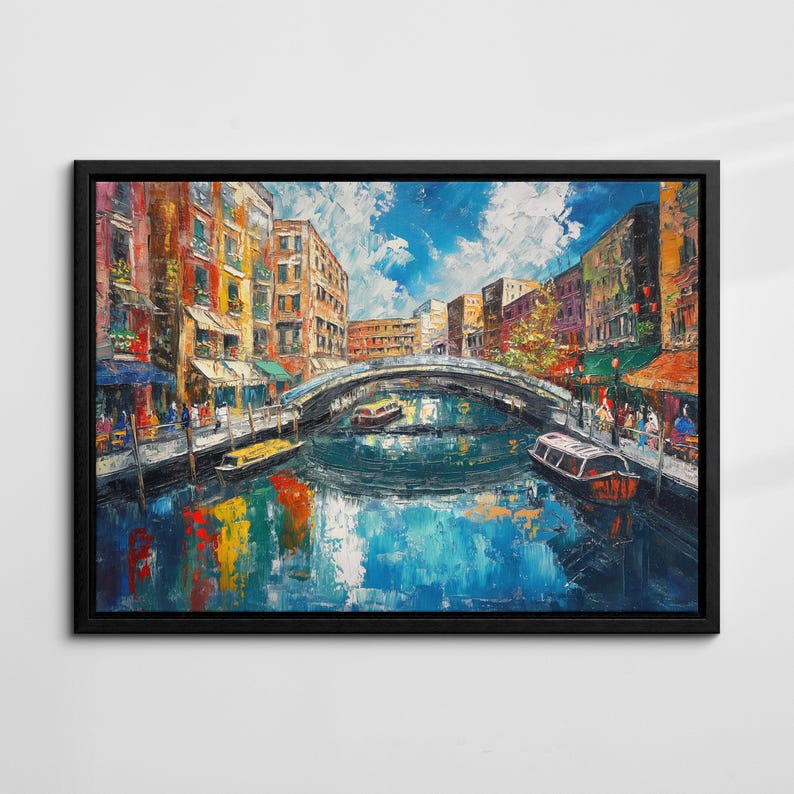 Amsterdam Netherlands Canal Boat Europe Landmark Oil Painting Watercolor Wall Art, Framed Canvas