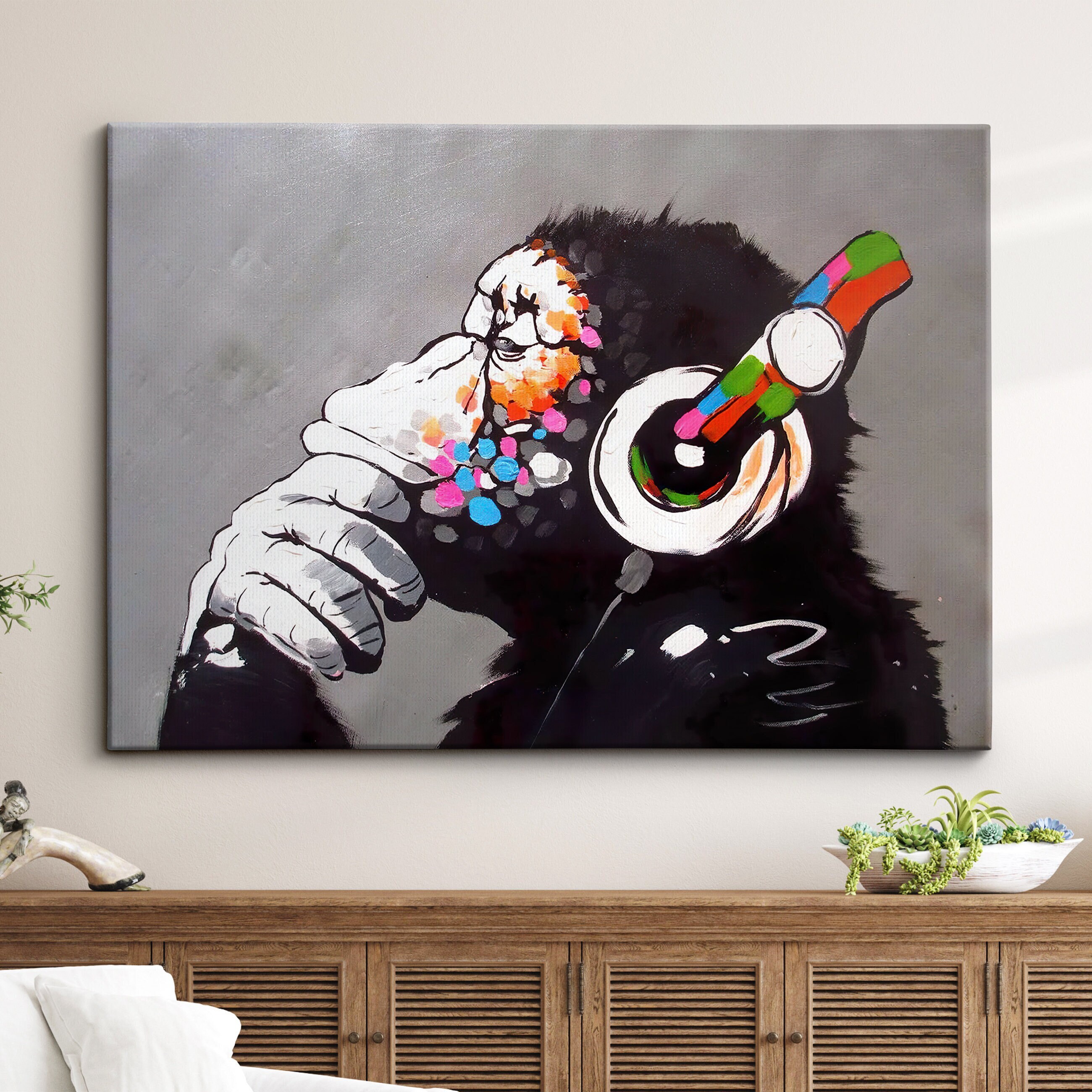 Banksy Style 'Monkey DJ - Music Is Life' Framed Graffiti Art Print - Multiple Sizes A4 To A1