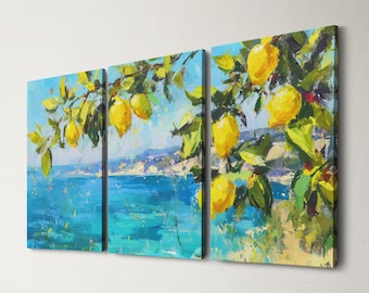 Sicily Lemon Tree Coastal 3 Panel Split Canvas Wall Art  Italian Landscape Abstract Oil Painting Framed Canvas Mediterranean Home Decor Gift