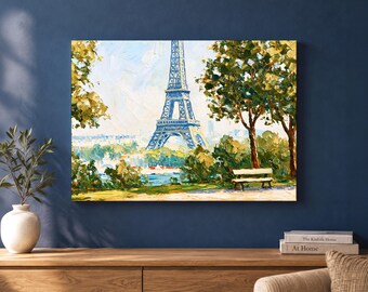 Eiffel Tower Canvas Wall Art, Paris Impressionist Landscape in Blue and Green, Cityscape Decor for Living Room, Bedroom or Travel Lover Gift