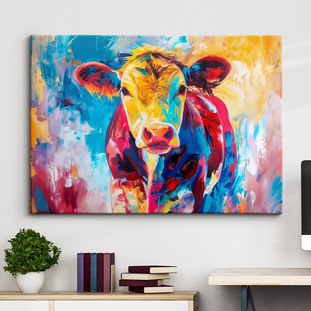 Colorful Cow Wild Animal Abstract Oil Painting Paint Splatter