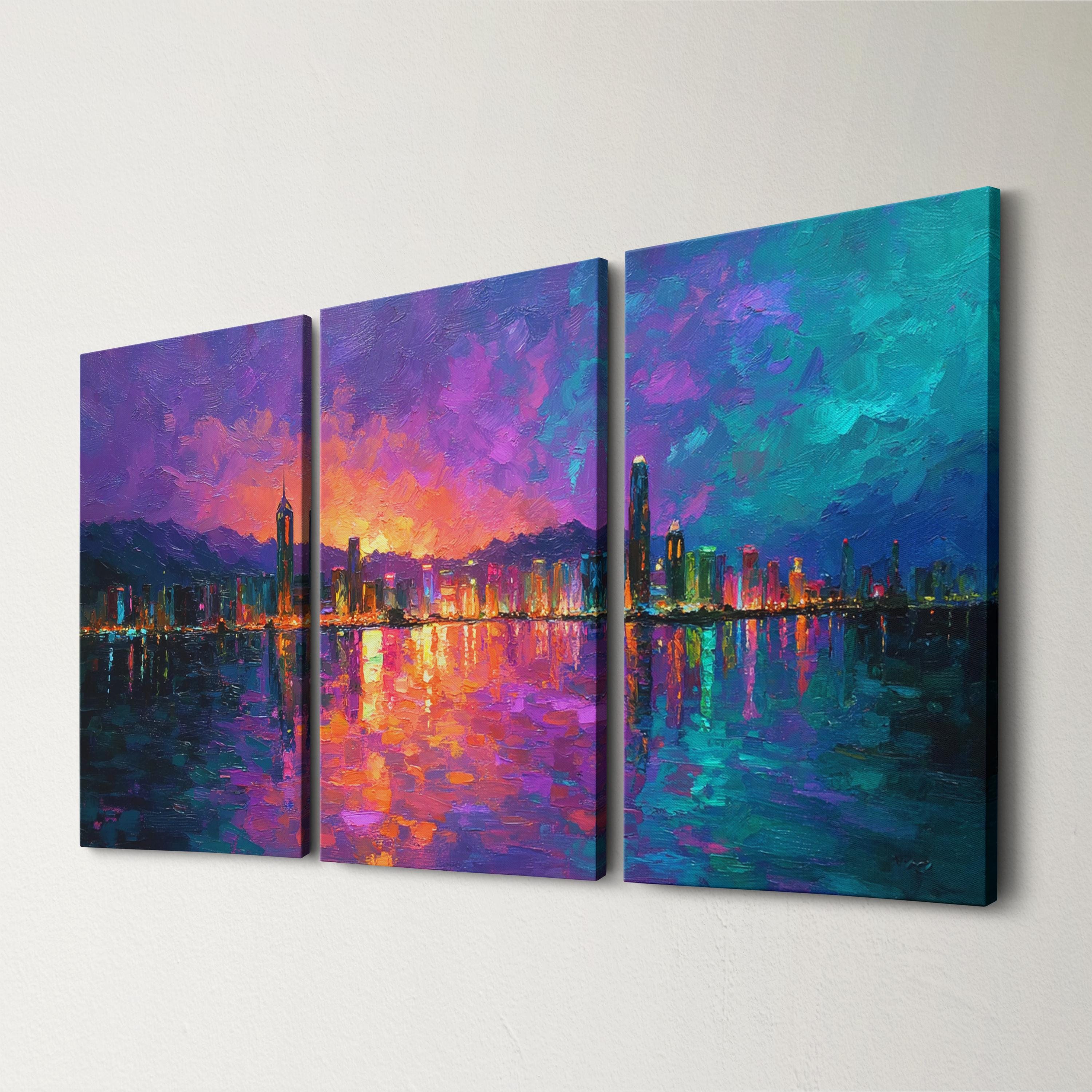 Hong Kong City Skyline 3 Panel Canvas Wall Art | Abstract Oil