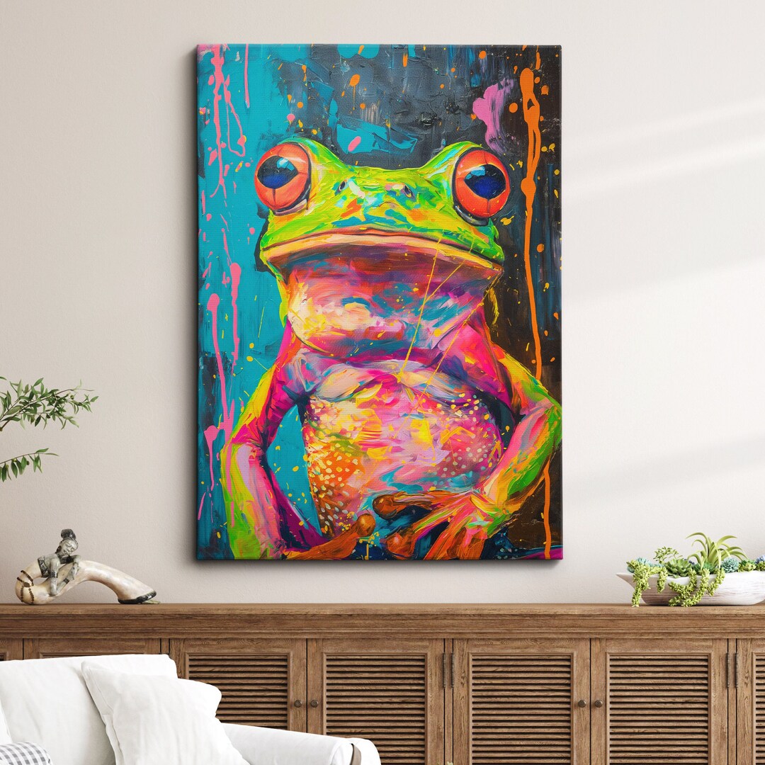 Colorful Frog Abstract Oil Painting Pop Art Style Wall Art Framed