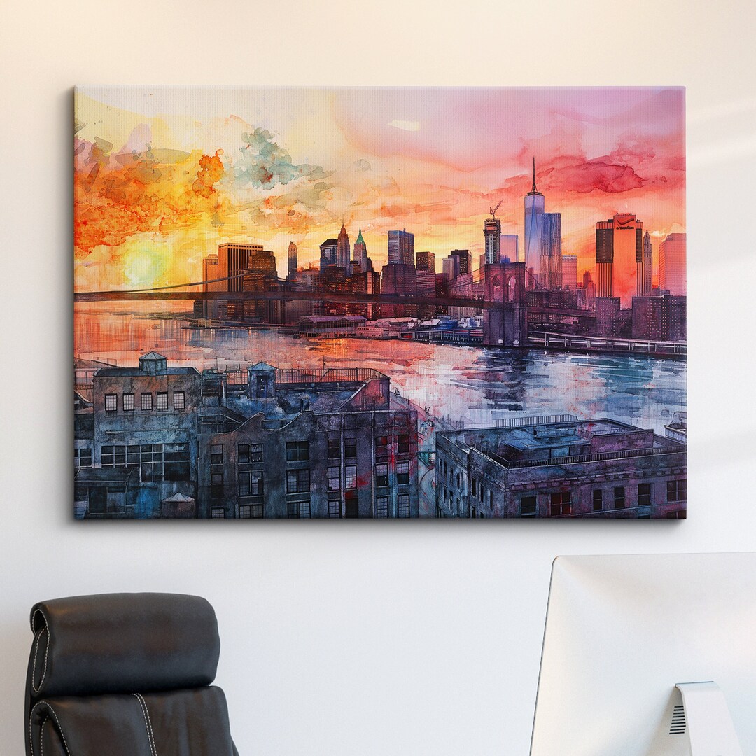 New York City Skyline Sunset America Landmark Oil Painting Style Wall ...