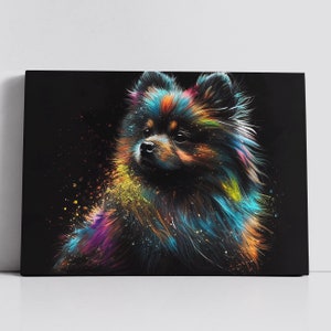 May include: A colorful painting of a fluffy dog with a black background. The dog's fur is painted in shades of blue, green, yellow, orange, and purple. The painting has a splattered paint effect.