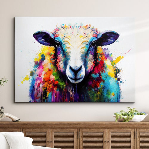 キャンバス油絵 　あり　くるくるカラフルSheep Beautiful Sheep Abstract Lamb Oil Painting Animal Splatter Style
