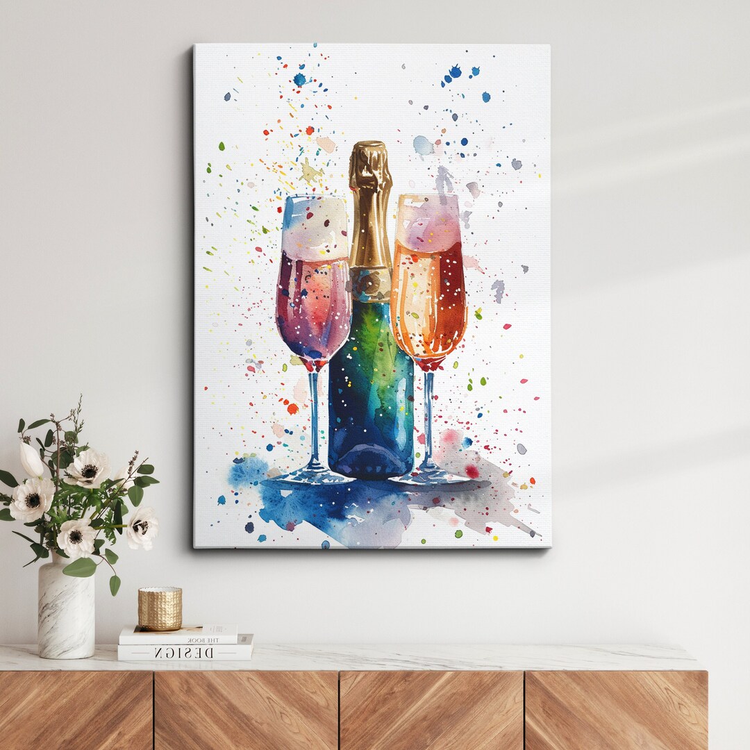 Champagne Bottle Toast Abstract Modern Oil Painting Colorful Wall Art ...
