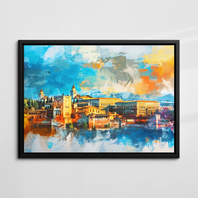 Spanish Skyline Abstract Cityscape Pastel Oil Painting Wall Art, Framed