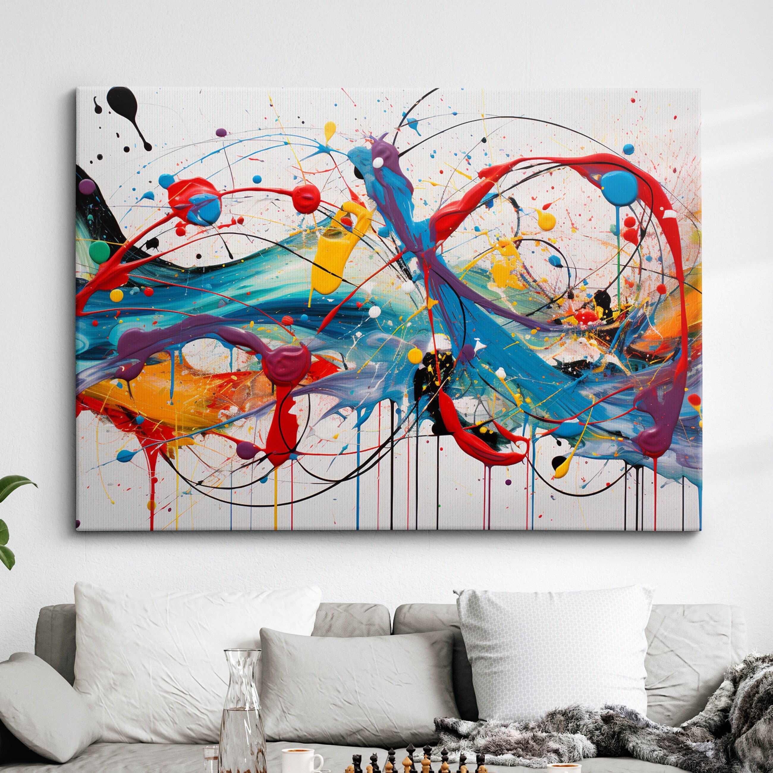 Colorful Paint Splash Abstract Oil Painting Splatter Style Wall Art, Framed Canvas Poster Print, Home Kitchen Office Room Decor, Gifts