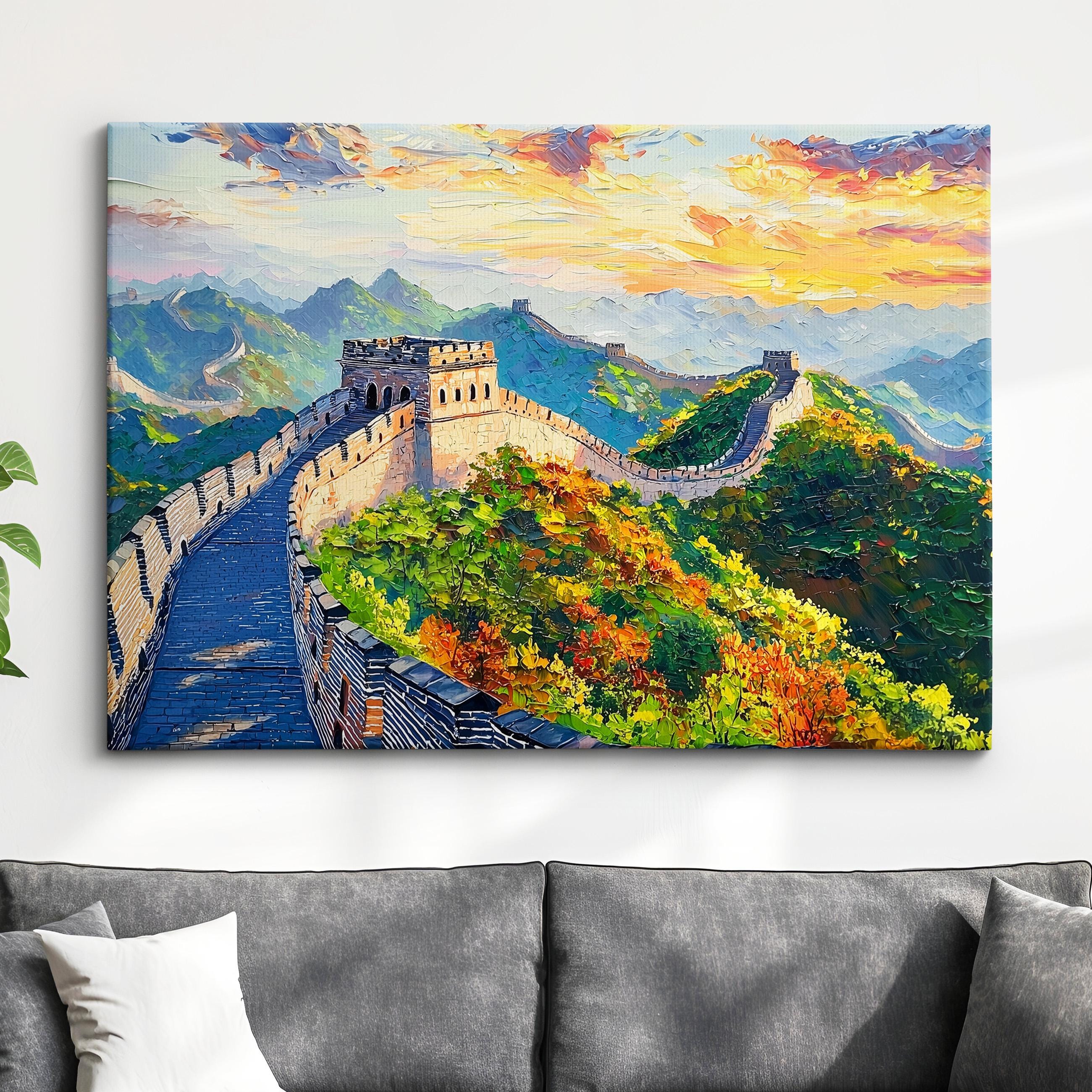 Great Wall of China Tourist Landmark Landscape Oil Painting Style