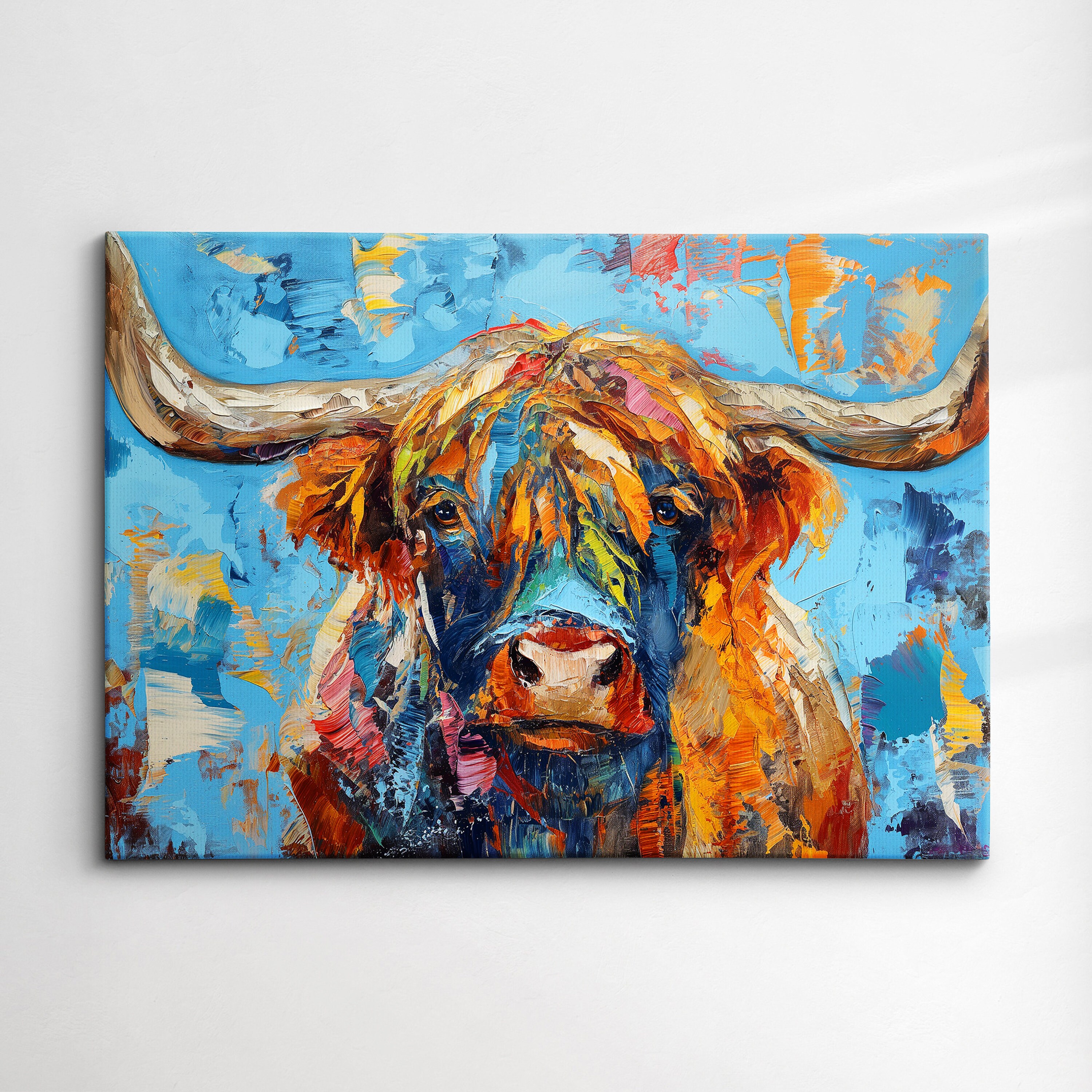 Highland Cow Animal Abstract Oil Painting Colourful Paint Splatter