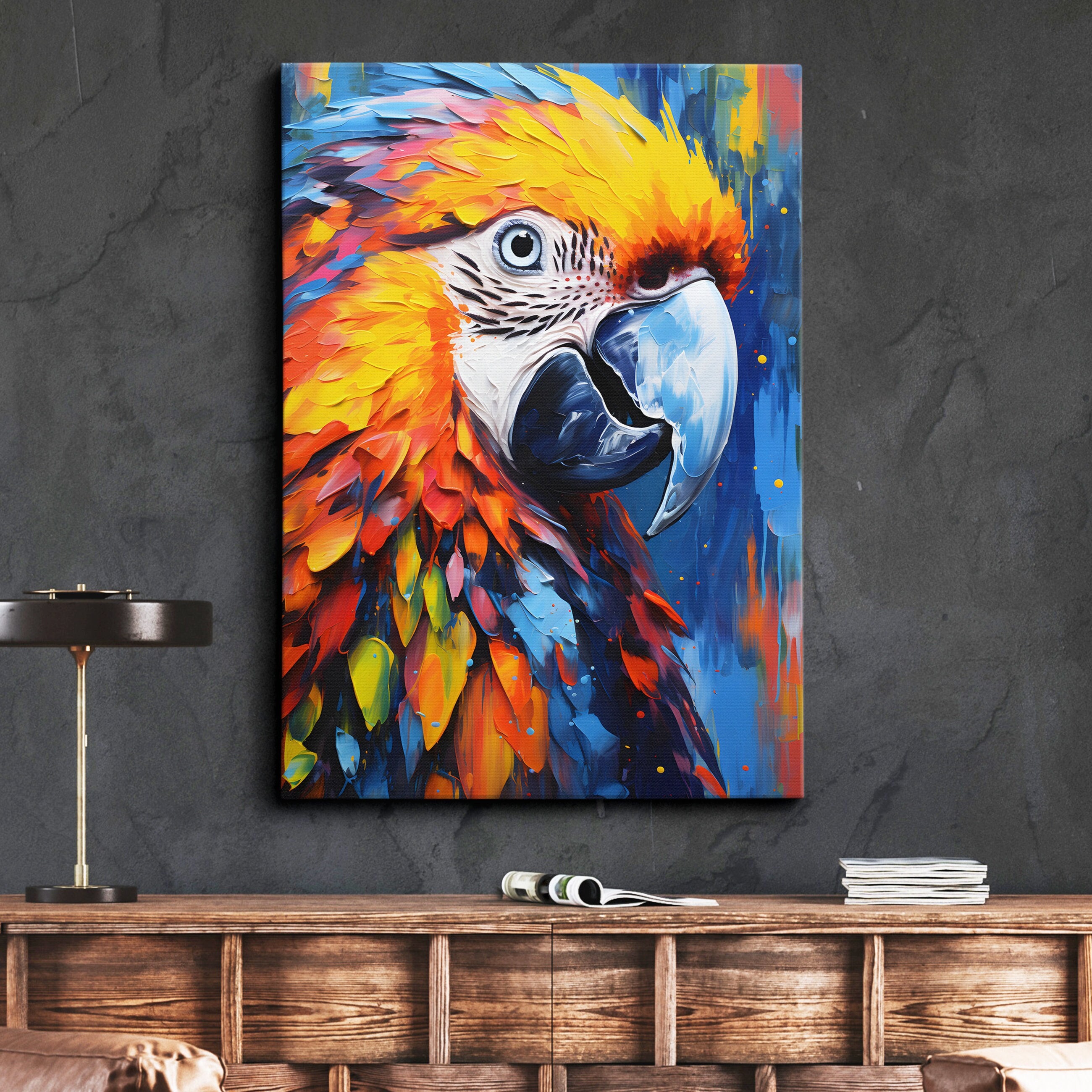 Colorful Parrot Animal Abstract Oil Painting Splatter Style Wall