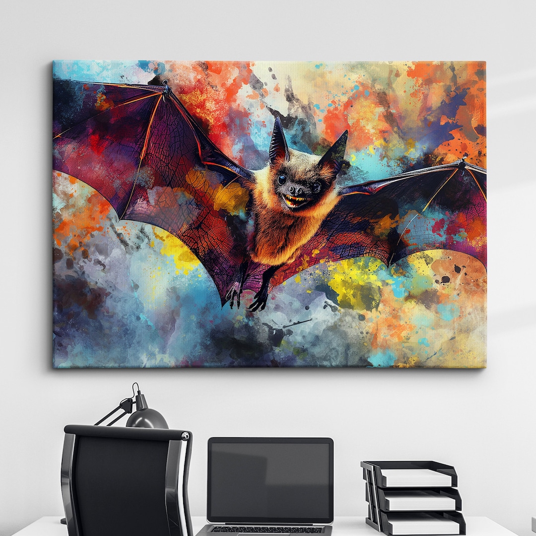 Abstract Bat Face Abstract Bat Wild Animal Colorful Oil Painting Paint Splatter Wall Art ...
