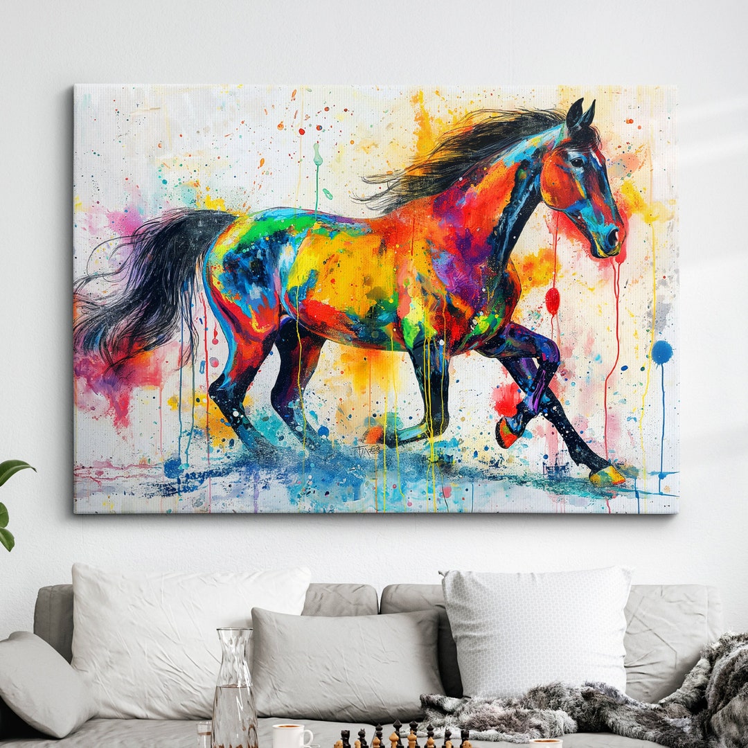 Colorful Horses Animal Abstract Oil Painting Paint Splatter Style
