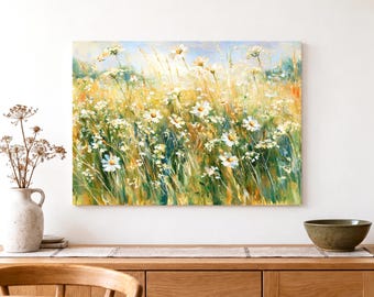 Daisy Meadow Canvas Wall Art, Impressionist Wildflower Landscape in Green and Golden Yellow for Living Room, Bedroom or Nature Lover Gift