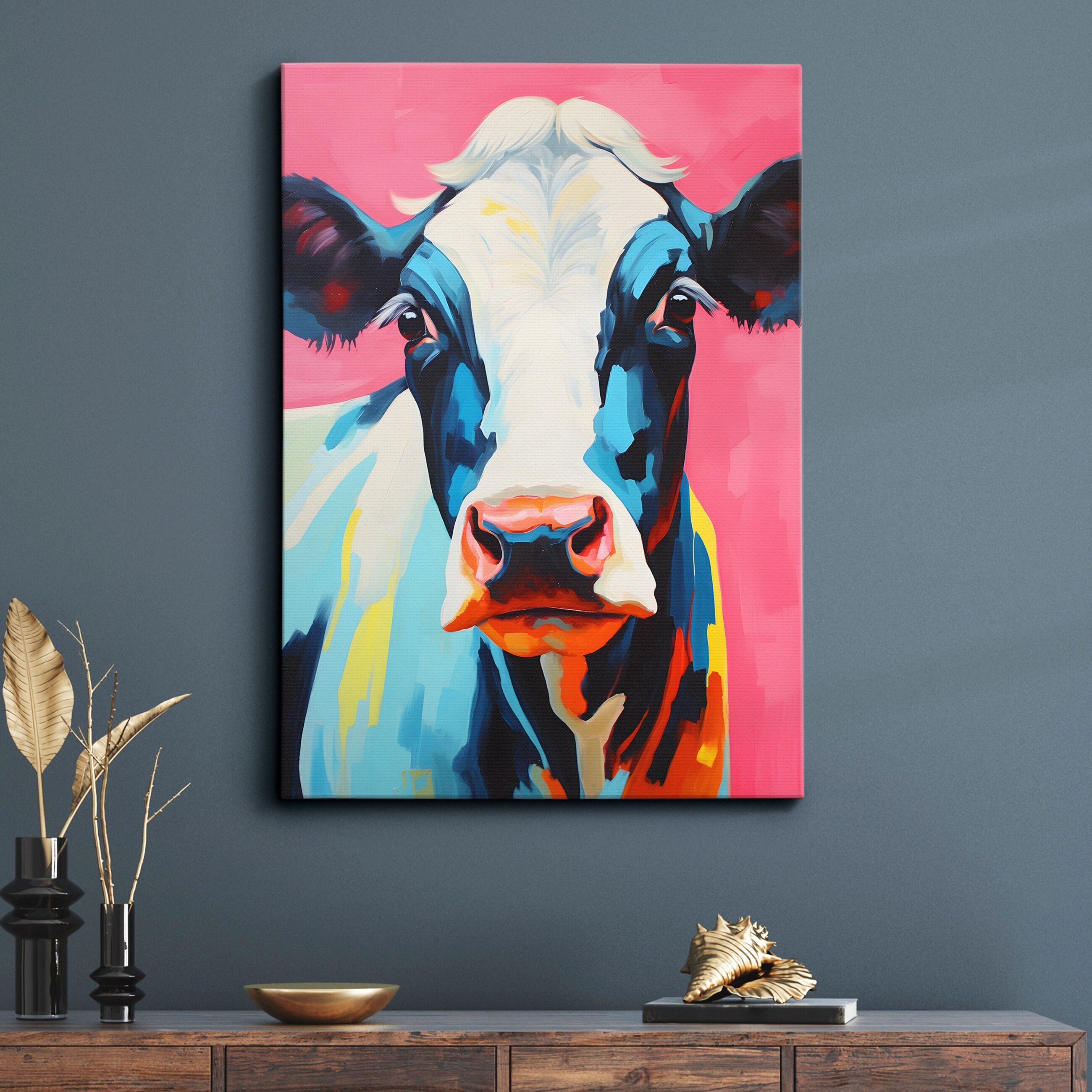 Colorful Cow Animal Abstract Oil Painting Splatter Style Wall Art