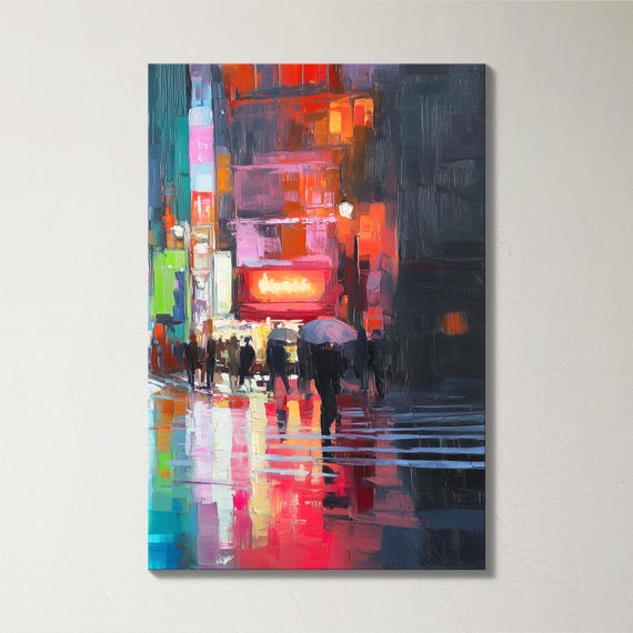 Tokyo Street Scene 3 Panel Split Canvas Wall Art Neon Signs in