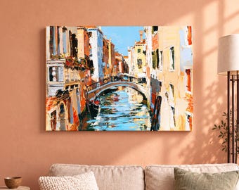 Venice Canal Bridge Canvas Wall Art, Colourful Impressionist Italian Cityscape, Blue and Terracotta Living Room Decor, Italy Travel Gift