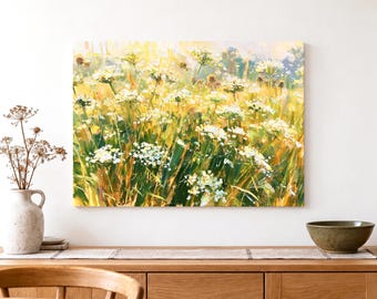 White Wildflower Meadow Canvas Wall Art, Impressionist Floral Landscape in Sage Green and Golden Yellow, Cottagecore Living Room Decor Gift