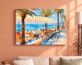 Seaside Cafe Canvas Wall Art, Palm Trees and Bicycles by the Blue Sea, Colourful Coastal Landscape Print for Living Room, Beach Lover Gift