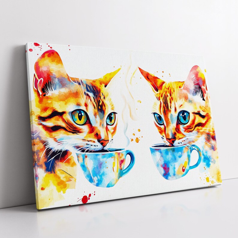 Cat Drinking Coffee Pet Abstract Modern Painting Wall Art, Framed