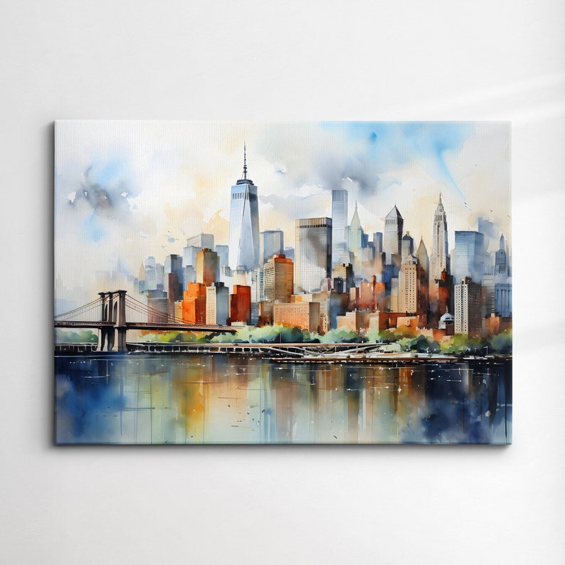 New York City Skyline Bridges Landmark Oil Painting Watercolor Wall Art ...
