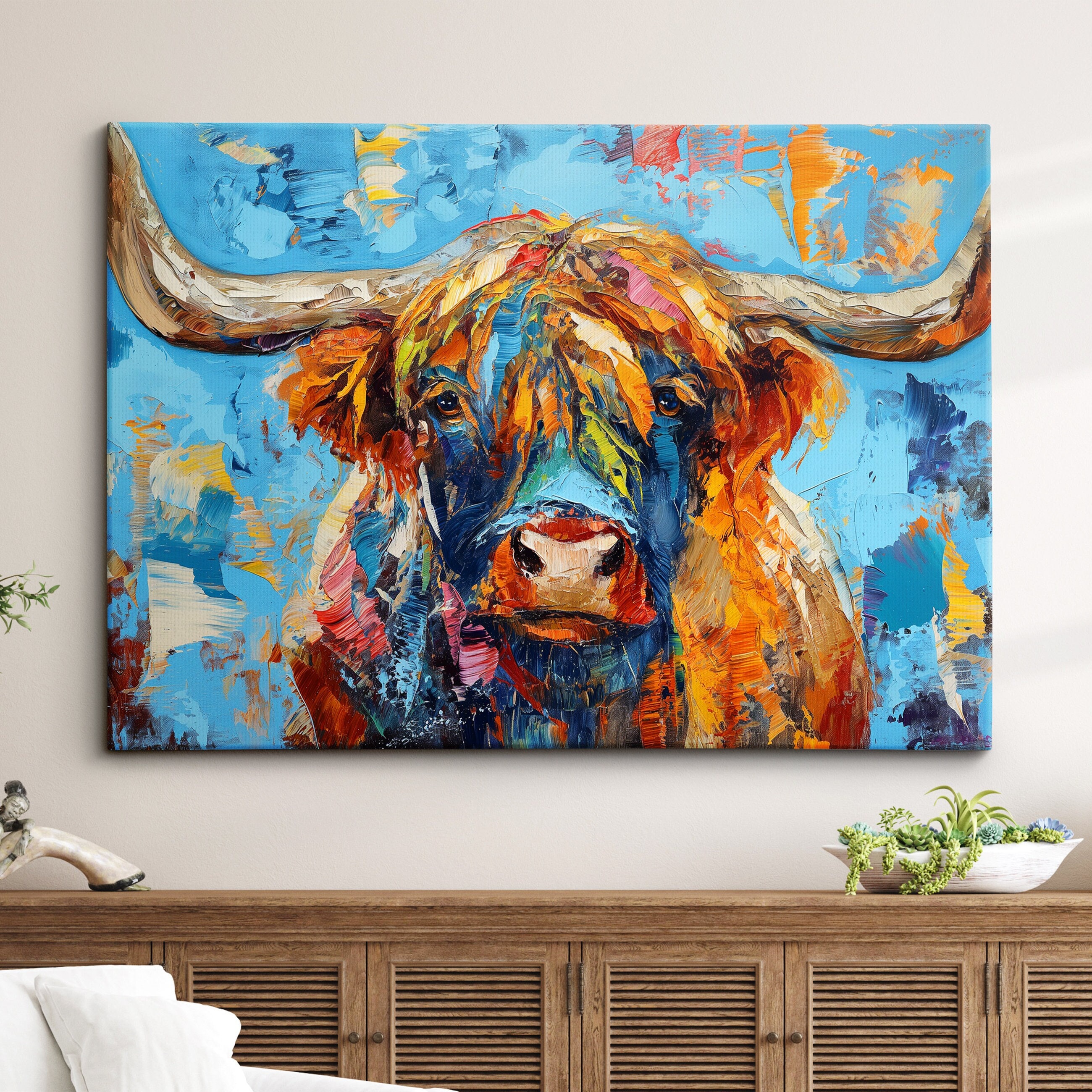 Highland Cow Animal Abstract Oil Painting Colourful Paint Splatter