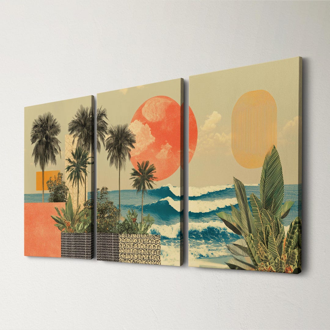 Triptych Wall Art Canvas Set | Tropical Palm Beach Scene | Coastal ...