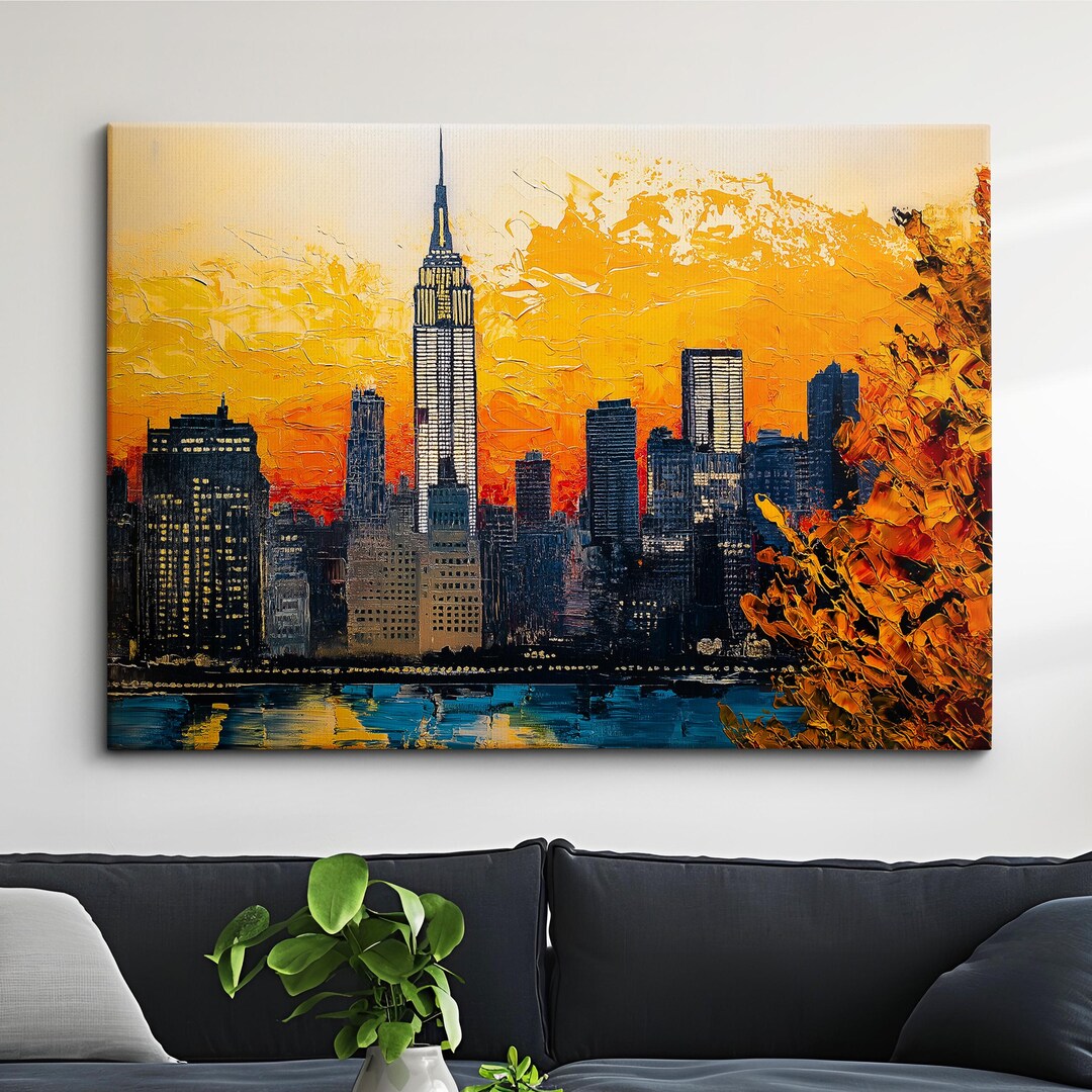 New York City Skyline Empire State Landmark Oil Painting Style Wall Art ...