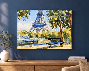 Eiffel Tower Canvas Wall Art, Paris Impressionist Landscape in Blue and Yellow, French Cityscape for Living Room, Travel Lover Gift Idea
