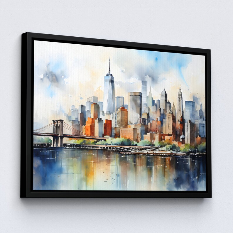 New York City Skyline Bridges Landmark Oil Painting Watercolor Wall Art ...
