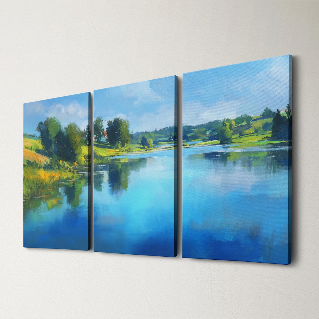 Oil Water Painting of a River Side Split Canvas Wall Art for Living ...