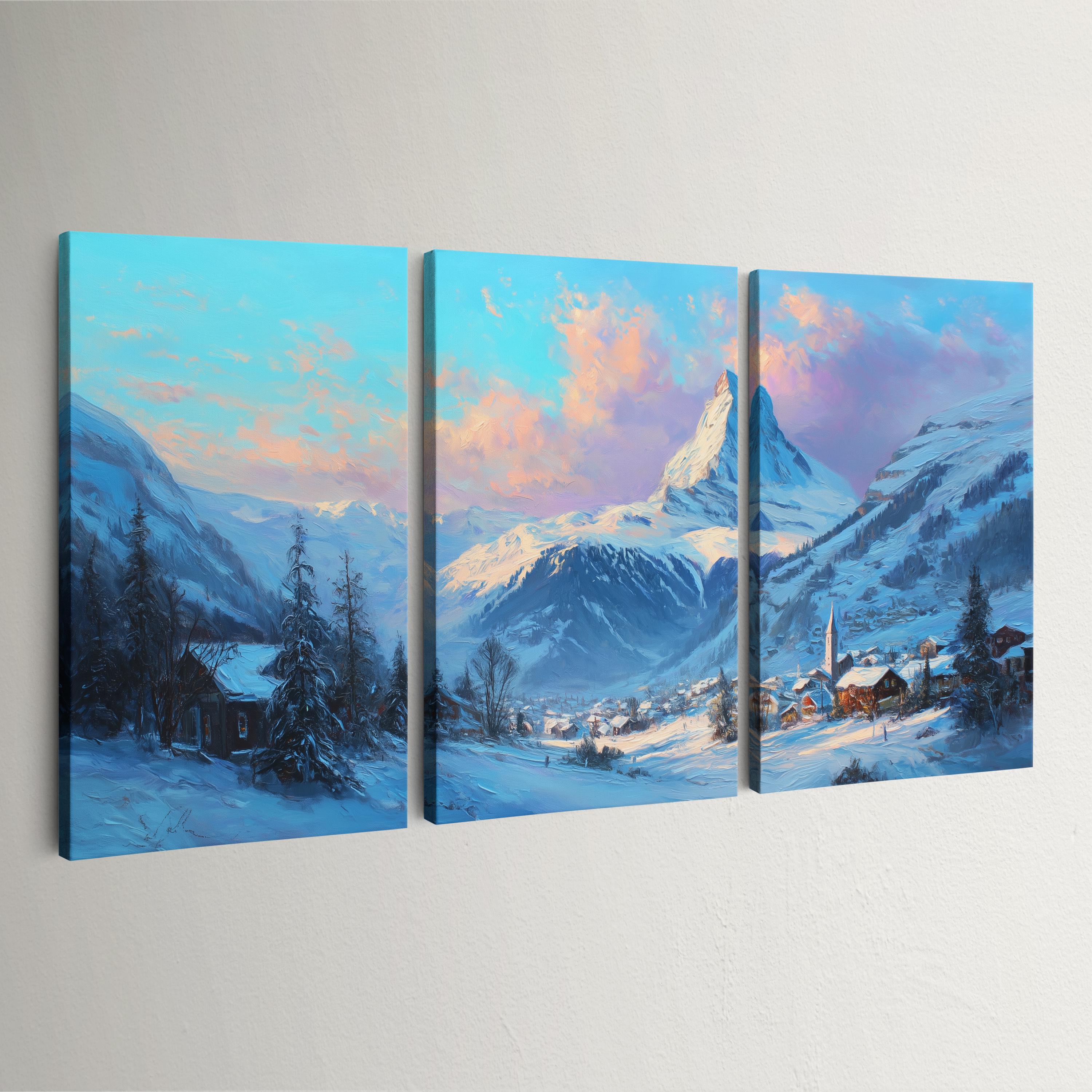 Zermatt Matterhorn 3 Panel Split Canvas Wall Art Swiss Alps Winter