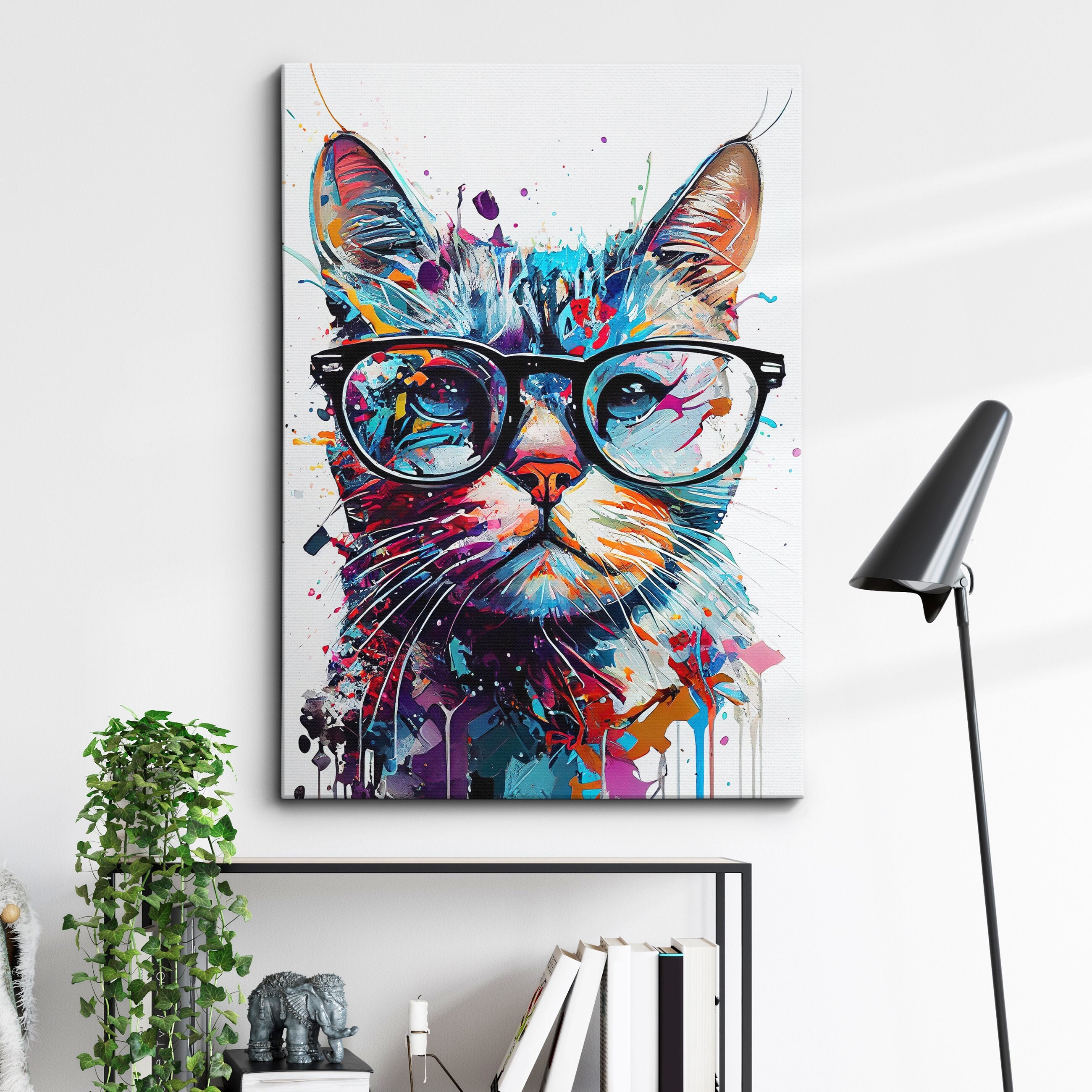 Cat With Glasses Abstract Fun Colorful Pet Animal Painting