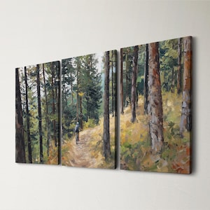 May include: A triptych canvas print depicting a mountain biker on a forest trail. The artwork features a palette of greens, browns, and yellows, with tall trees lining the path. The style is impressionistic, with visible brushstrokes.