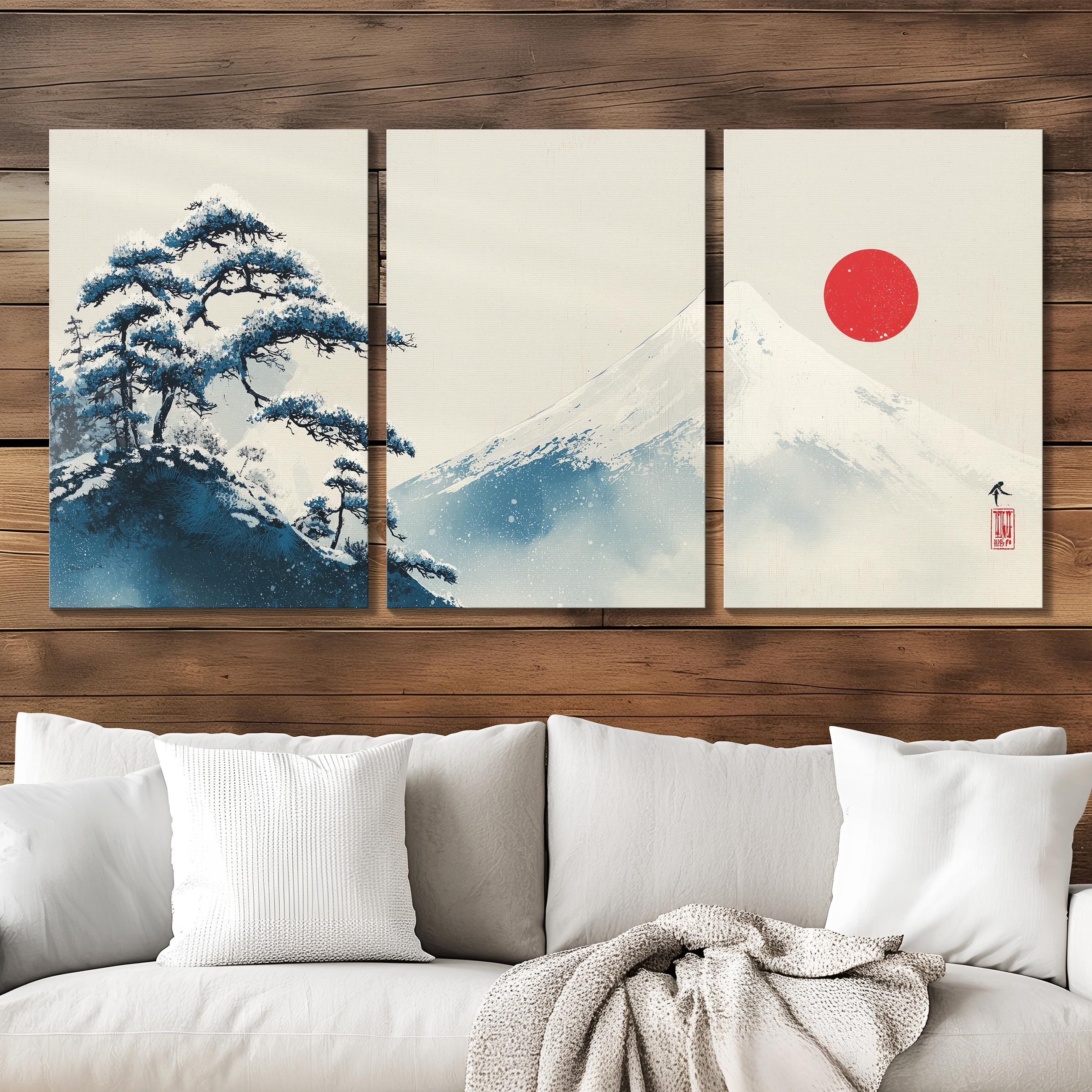 Japanese Mount Fuji Wall Art Set, Triptych Canvas Prints, Minimalist ...