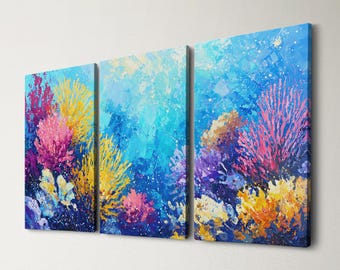 May include: A triptych of abstract art panels depicting an underwater scene. The artwork features vibrant coral reefs in shades of pink, yellow, and purple against a backdrop of blue and turquoise water. The painting style uses thick brushstrokes.